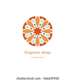 Bright and juicy beautiful circular logo for organic shop, eco product, cosmetic, business. Company mark, emblem, element. Nature geometric mandala logotype. Big bud