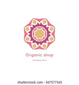 Bright and juicy beautiful circular logo for organic shop, eco product, cosmetic, business. Company mark, emblem, element. Nature geometric mandala logotype. Big bud