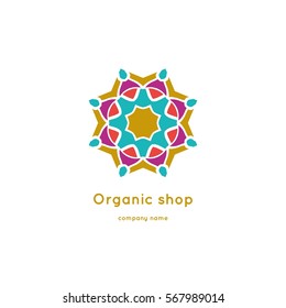 Bright and juicy beautiful circular logo for organic shop, eco product, cosmetic, business. Company mark, emblem, element. Nature geometric mandala logotype. Big bud