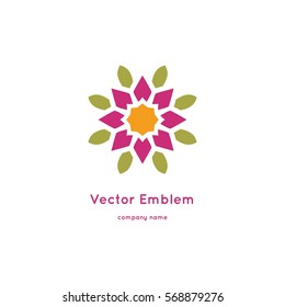 Bright and juicy beautiful circular logo for organic shop, eco product, cosmetic, business. Company mark, emblem, element. Nature geometric mandala logotype. Big bud