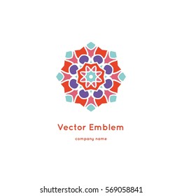 Bright and juicy beautiful circular logo for organic shop, eco product, cosmetic, business. Company mark, emblem, element. Nature geometric mandala logotype. Big bud