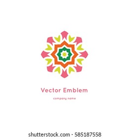 Bright and juicy beautiful circular logo for organic shop, eco product, cosmetic, business. Company mark, emblem, element. Nature geometric mandala logotype. Big bud