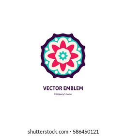 Bright and juicy beautiful circular logo for boutique, flower shop, business. Company mark, emblem, element. Simple geometric mandala logotype. Kaleidoscope big bud. Surround abstract blossom.