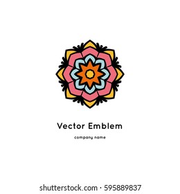 Bright and juicy beautiful circular logo for organic shop, eco product, cosmetic, business. Company mark, emblem, element. Nature geometric mandala logotype. Big bud