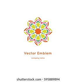 Bright and juicy beautiful circular logo for organic shop, eco product, cosmetic, business. Company mark, emblem, element. Nature geometric mandala logotype. Big bud
