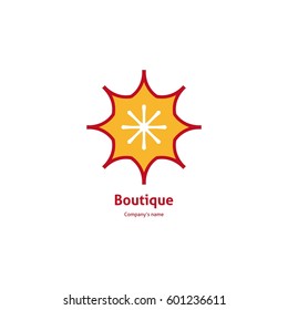 Bright and juicy beautiful circular logo for boutique, flower shop, business. Company mark, emblem, element. Simple geometric mandala logotype. Kaleidoscope big bud. Surround abstract blossom.