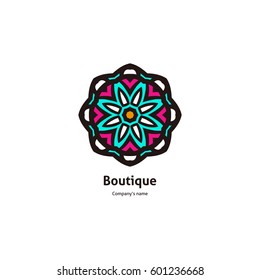 Bright and juicy beautiful circular logo for boutique, flower shop, business. Company mark, emblem, element. Simple geometric mandala logotype. Kaleidoscope big bud. Surround abstract blossom.