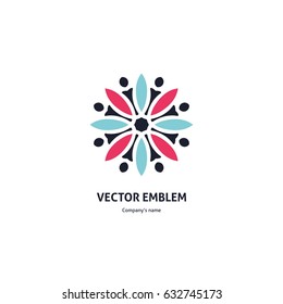 Bright and juicy beautiful circular logo for boutique, flower shop, business. Company mark, emblem, element. Simple geometric mandala logotype. Kaleidoscope big bud. Surround abstract blossom.