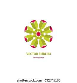 Bright and juicy beautiful circular logo for boutique, flower shop, business. Company mark, emblem, element. Simple geometric mandala logotype. Kaleidoscope big bud. Surround abstract blossom.