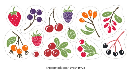 Bright and juicy berry set. Colorful stickers with contours for cutting down isolated on transparent background	