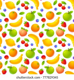 Bright juicy cartoon fruit tileable pattern. Seamless texture, vector illustration. 