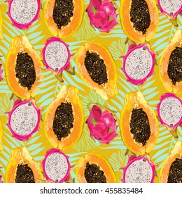 bright, juicy, color, summer, sunny fruit pattern of tropical and exotic fruits. Vector cheerful, refreshing clothes decor texture, prints by constructing and decorating accessories.