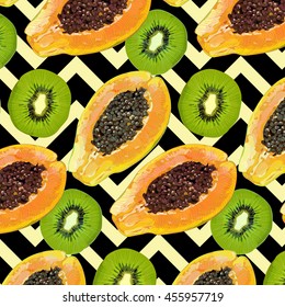 bright, juicy, color, summer, sunny fruit pattern of tropical and exotic fruits. Vector cheerful, refreshing clothes decor texture, prints by constructing and decorating accessories.

