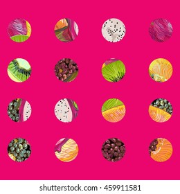 bright, juicy, color, summer, sunny fruit pattern of tropical and exotic fruits. 
illustration of dragon fruit , papaya , star fruit , kiwi , lime .