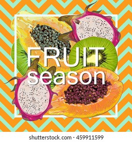 bright, juicy, color, summer, sunny fruit pattern of tropical and exotic fruits. 
illustration of dragon fruit , papaya , star fruit , kiwi , lime .