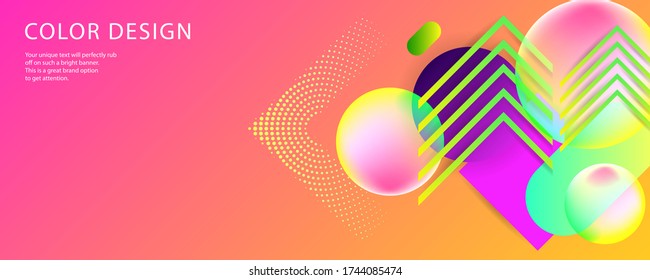 Bright juicy colors background with geometric elements, lines and dots for text, universal design, banner concept