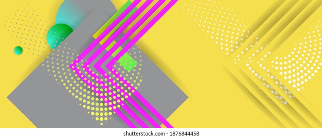 Bright juicy colors trendy yellow 2021 background with grey geometric elements, lines and dots for text, universal design of trendy color of the year, banner concept