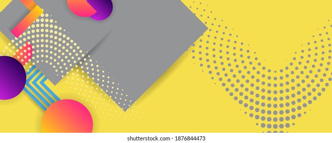 Bright Juicy Colors Trendy Yellow 2021 Background With Grey Geometric Elements, Lines And Dots For Text, Universal Design Of Trendy Color Of The Year, Banner Concept