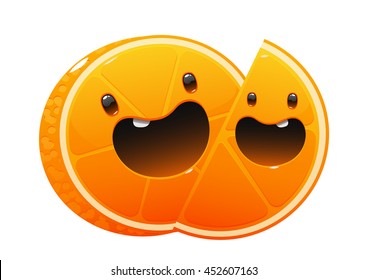 Bright juicy delicious orange cartoon two face happy