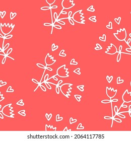 Bright juicy festive vector pattern. White outlines of cartoon abstract flowers and hearts on a bright wine background. Universal pattern, print, illustration or background on the theme of autumn
