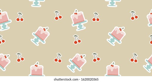 Bright, juicy, fresh cherry and cake on a stand, geometric seamless pattern on a beige background, vector. For printing on textiles, holiday packaging, wrapping, scrapbooking paper. background  food