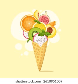 Bright, juicy fruits in a waffle cone. Fruit ice cream. Summer illustration. Vector.
