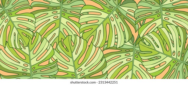 Bright juicy green tropical background with monstera leaves. Background for decor, covers, wallpapers, postcards and presentations. Tropical summer print.