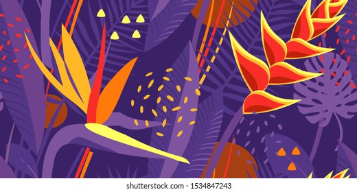 Brillante textura caliente sin costura con flores y hojas tropicales, plantas. Jardín del Edén, bosque, jungla. Impresión para ropa de verano, playa. Púrpura, amarilla, naranja. Multicolorizado, contraste.