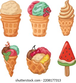 bright juicy ice cream set, sorbet symbol, vector illustration