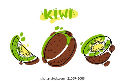 Bright juicy kiwi doodle illustration and text, colored shapes and line isolated on white background. Design elements for decor, menu icons and stickers. 