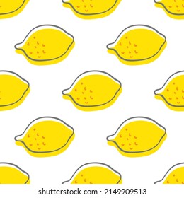 Bright juicy lemon seamless pattern vector illustration. Summer design with yellow fruits. Hand drew ink doodle style. Abstract fruit. 