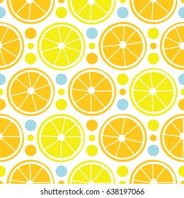 Bright juicy lemons, orange oranges and colorful circles. Seamless pattern. Excellent vector illustration for printing on fabric, clothing, wallpaper, wrapping paper and other surfaces.