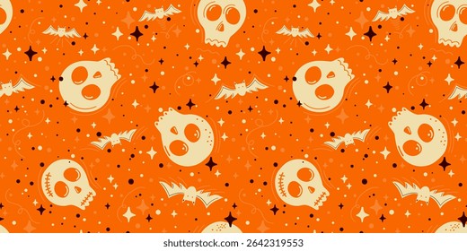 Bright and juicy orange vector background with Halloween seamless pattern of cute skulls, stars and bats. Fun and spooky it delivers festive mood for October custom text and designs.