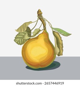 Uma pera brilhante e suculenta com uma textura suave e gradiente e folhas verdes ricas. Desenhado à mão em aquarela técnica. Perfeito para design de alimentos, marca orgânica, embalagem do produto ou decoração.