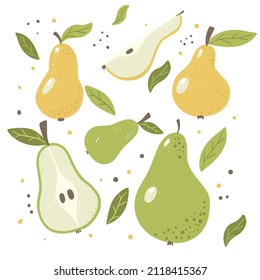 Bright juicy pears of different sizes with leaves, pulp and slices. Vector illustration isolated on a white background.