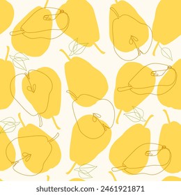 Bright juicy pears. Seamless pattern background with fruits. Hand drawn line vector illustration. Template for cute design of wallpaper, fabric, stationery, textile.