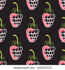 Bright juicy raspberry seamless pattern vector illustration. Summer design with berries on the black background. Hand drew ink doodle style. Abstract fruit. 
