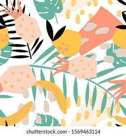 Bright, juicy seamless pattern of abstract shapes, fruits, citrus lemons, oranges and anans. Bright modern colors of tropical background.
