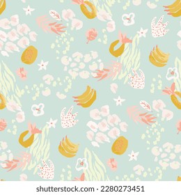 Bright, juicy seamless pattern of abstract shapes, fruits, citrus lemons, oranges and anans. Bright modern colors of tropical background.