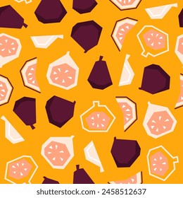 Bright and juicy seamless pattern of geometric abstract figs on an orange background 