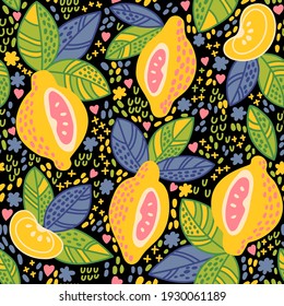 Bright, juicy seamless pattern with lemons,  leaves and lemon slices.