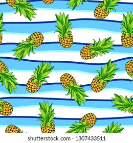 Bright and juicy seamless pattern with pineapples on striped background