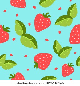 Bright and juicy seamless pattern with strawberries and leaves on a blue background.