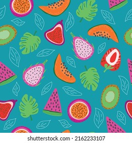 Flor y jugoso patrón de frutas tropicales en un fondo turquesa brillante. Verano, fondo claro. Ilustración vectorial.