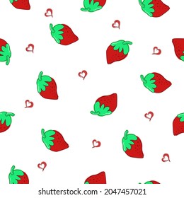 Patrón de fresa brillante y jugoso. Dulce fresa roja y patrón de corazones. Vector. Ilustración.