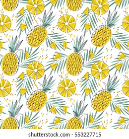 Bright and juicy seamless vector pattern with pineapples