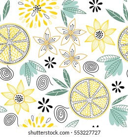 Bright and juicy seamless vector pattern with lemon slices