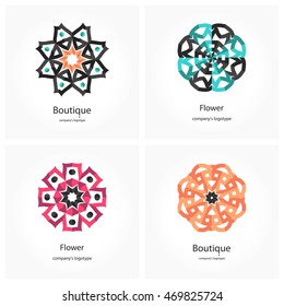 Bright and juicy set of beautiful circular logo for boutique, flower shop, business. Company mark, emblem, element. Simple geometric mandala logotype. Kaleidoscope big bud. Surround abstract blossom.