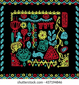 Bright and juicy set of design elements ethnic. Black background. Set of ornamental Boho style. Beautiful Indian floral and abstract ornaments.  Vintage graphic set. Frames and hand drawn elements.