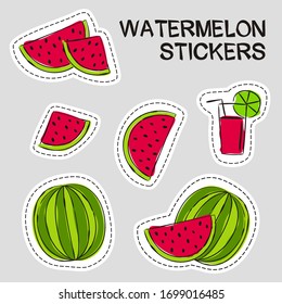 Bright juicy stickers with watermelons. Hand-drawn Whole watermelon and sliced. Summer cocktail. Vector illustration for children's design, posters, menus and cafes.